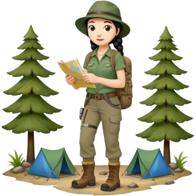 A braid black hair backpacking woman checking her map with curious eyes while walking wear camping hat and dirt covered boots full body emoji