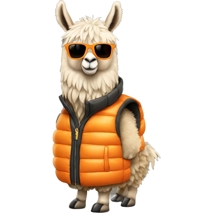 llama wearing an orange puffer vest and sun glasses full body emoji