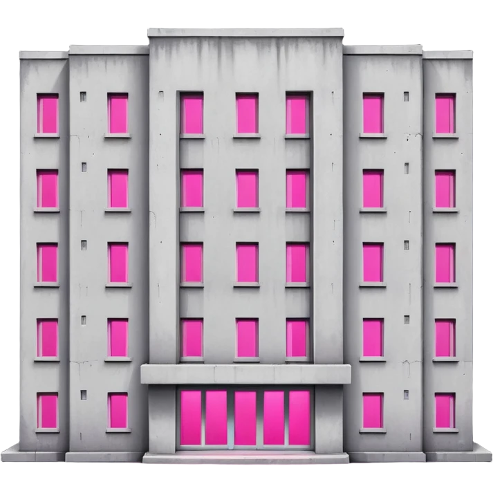 Soviet-era concrete rectangular apartment block with a single window emitting bright pink UV light, stark gray facades with slight disrepair emoji