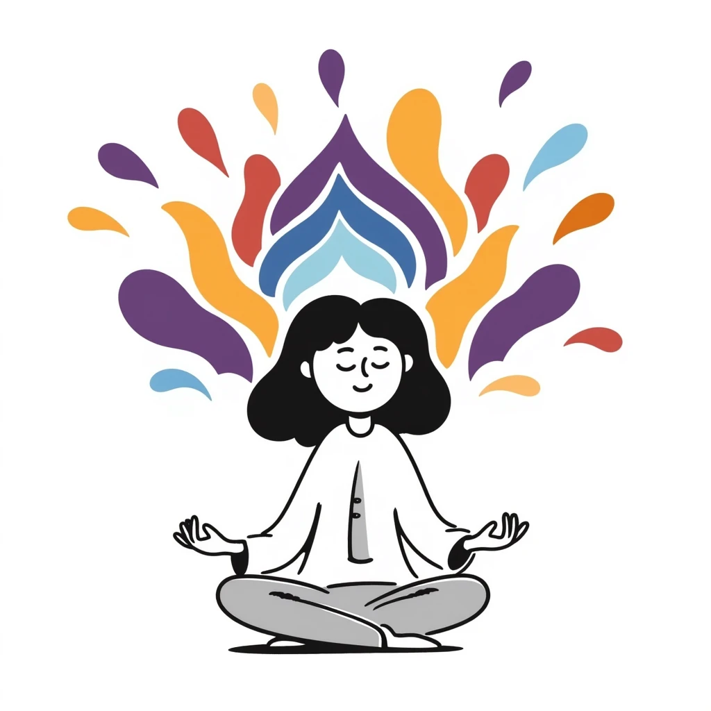 A person in a peaceful meditation pose with colorful rainbow waves of calmness radiating outward, representing mindfulness and stress relief. Vibrant hand-drawn doodle style with purples, blues, and warm tones. emoji