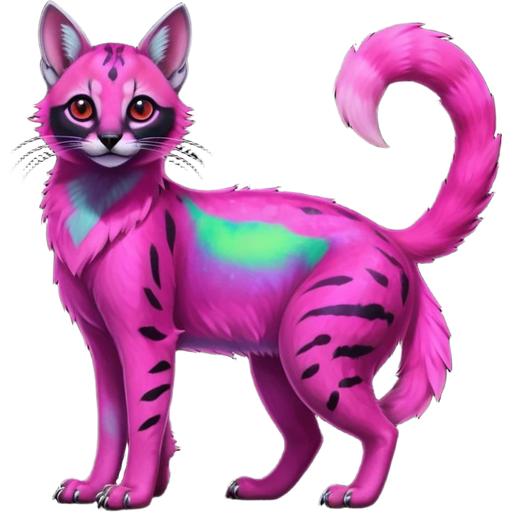 Colorful dark neon-lime-green with neon-magenta, pastel-rose-pink iridescent nebulae gloomy edgy spooky evil tropical ruby exotic cute cool beautiful shiny beautiful fantasy-caracal-civet-genet-sergal-vernid-serval-Gryphon-Cacomistle-Trico-oncilla-animal-Fakémon-hybrid-fursona (full body) emoji