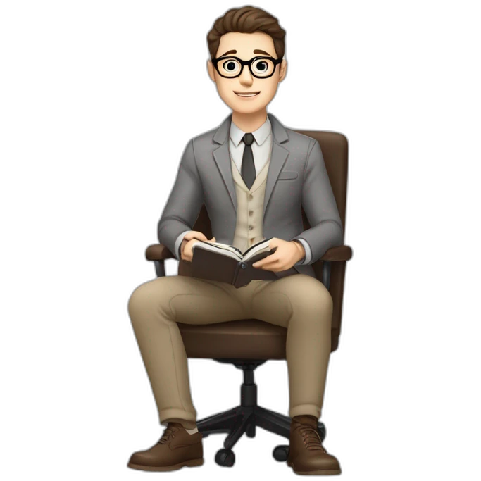 Pale skinned Fit Man With dark brown hair in gray jacket, beige office shirt, Brown pants and vintage glasses sitting In a soft chair with a notebook on spring with emblem Ψ and a pen emoji