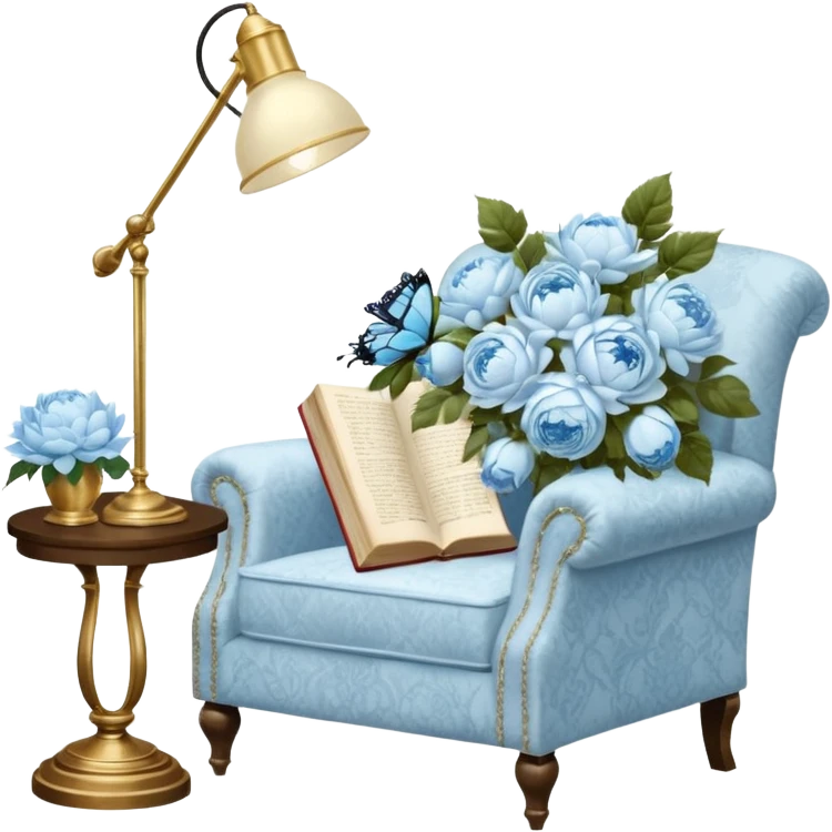 A cozy vintage-inspired reading nook, with an overstuffed ivory armchair, a golden reading lamp, and a bouquet of soft blue roses, white peonies, and dahlias resting on a small lace-covered side table, as a pearl butterfly gently rests on the open book.  emoji