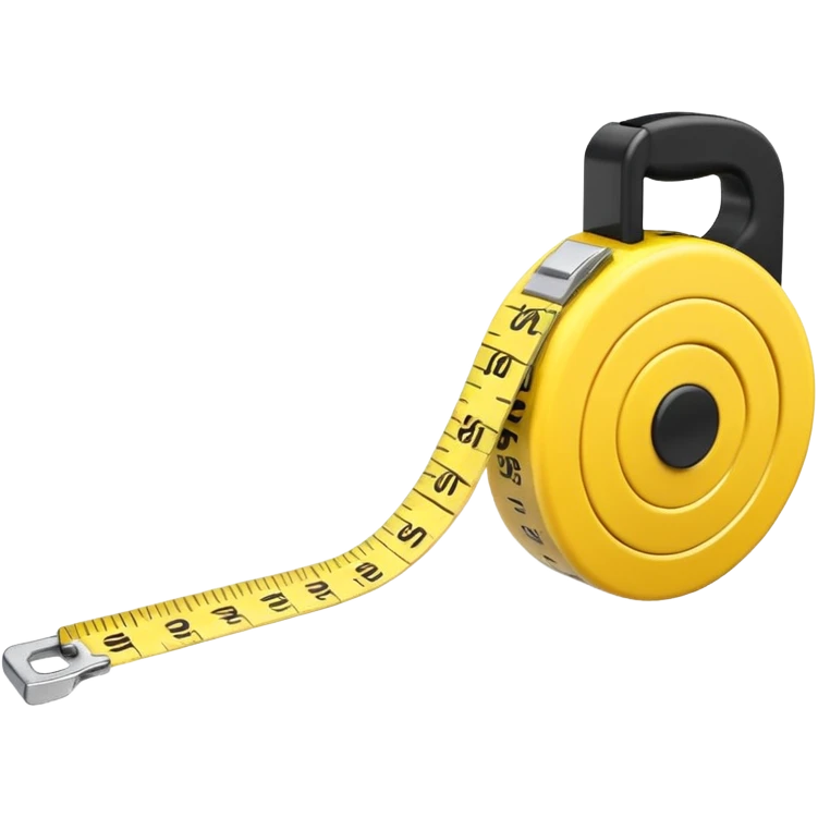 A 3D emoji-style yellow measuring tape, rolled in a spiral with black markings, realistic light and shadow, minimalistic background, vector-like clean design. emoji