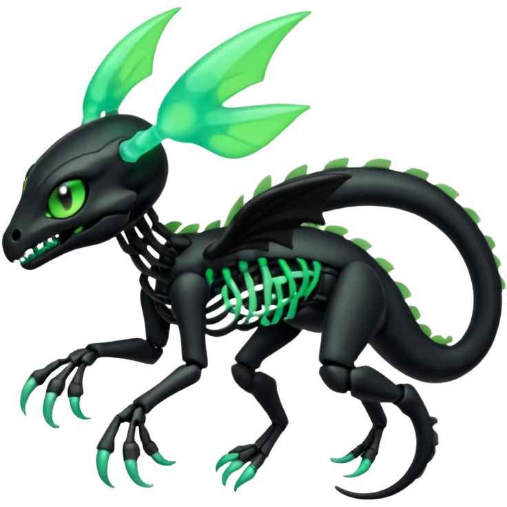 Obsidian-black and neon-glowing-green skeletal Meloetta-Salandit-Gorebyss-Salazzle-Pokémon-Fakémon-creature-fusion-hybrid emoji