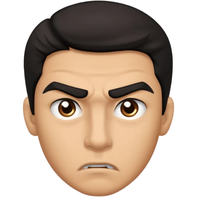 emoji de un joven, con cejas gruesas que parece enojado, nariz medio grande, hombros anchos, sin sonrisa, hombros anchos, cabello medio ondulado con un corte juvenil, cabello negro. ojos negros. emoji
