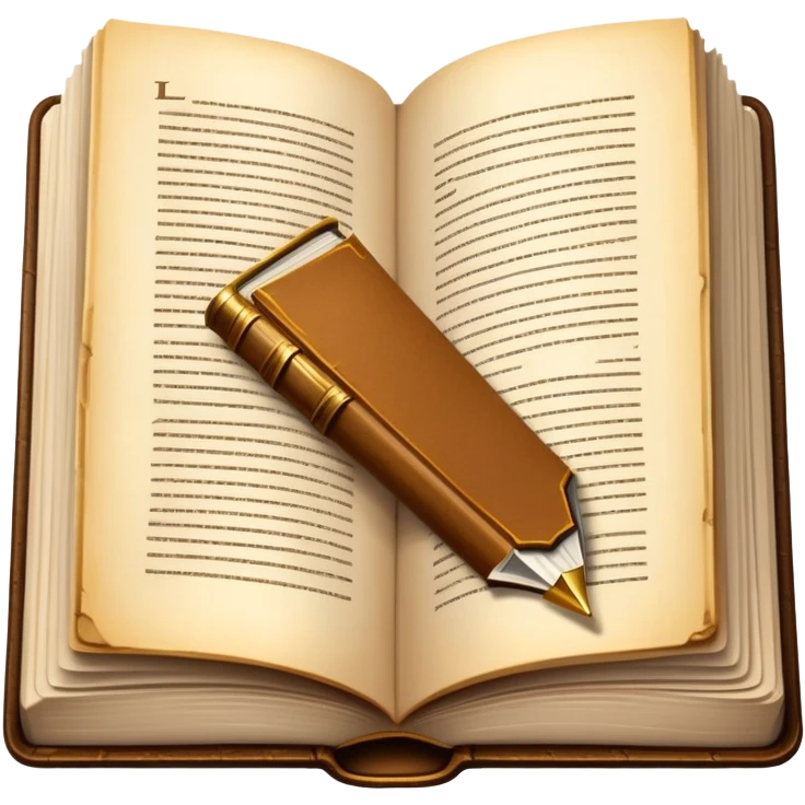 An open hardcover book with aged pages and a golden bookmark emoji