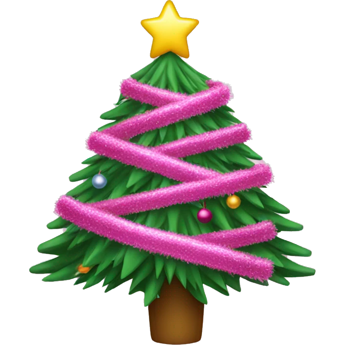 christmas tree with pink tinsel and tree topper  emoji