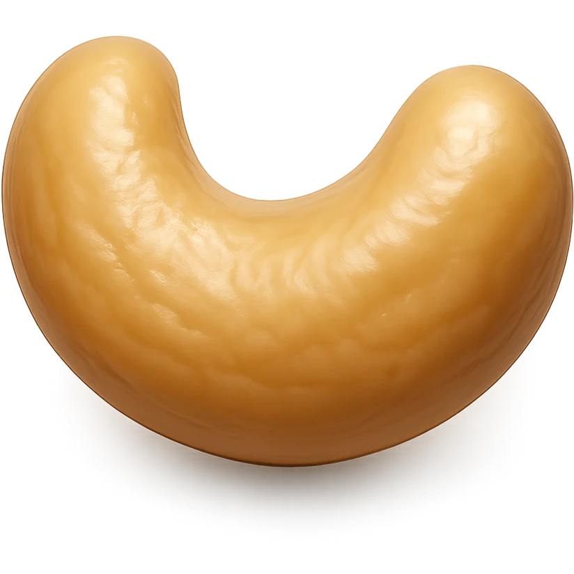 Show only a single cashew nut in a realistic crescent shape with a smooth, slightly wrinkled beige or light tan texture. The cashew should appear glossy and slightly roasted with a soft sheen, placed on a pure white background. The style should resemble 3D emoji style with realistic details. emoji