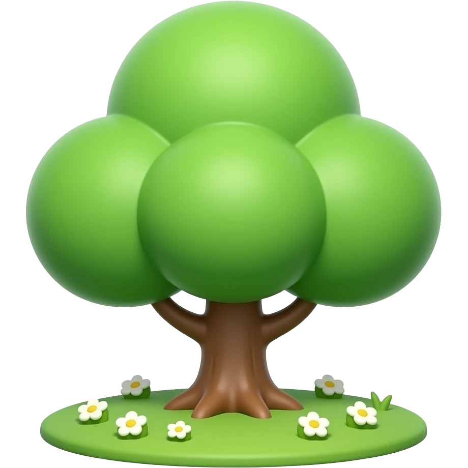 3D glossy tree emoji, rounded thick green canopy, brown trunk, small grass base, white background, small white and yellow flowers instead of coins. emoji