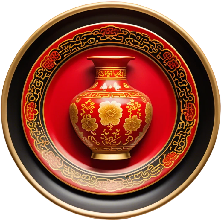 Chinese metal painting icon, intricate hand-painted Chinese patterns on metal objects such as plates or vases, vibrant colors like red, gold, and black, delicate brushstrokes, visible fine paintbrush and metal surface, no finished artwork, just the painting process, minimalistic style, clean lines, transparent background. emoji