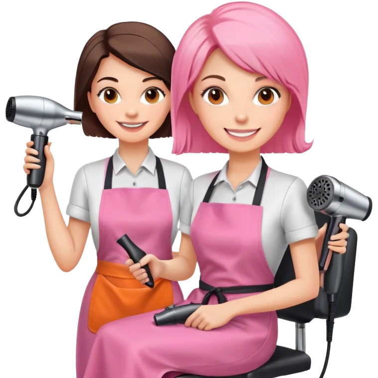 smiling woman client in pink apron sitting in salon chair, female hairstylist smiling behind her with orange apron, holding a hairdryer in right hand emoji