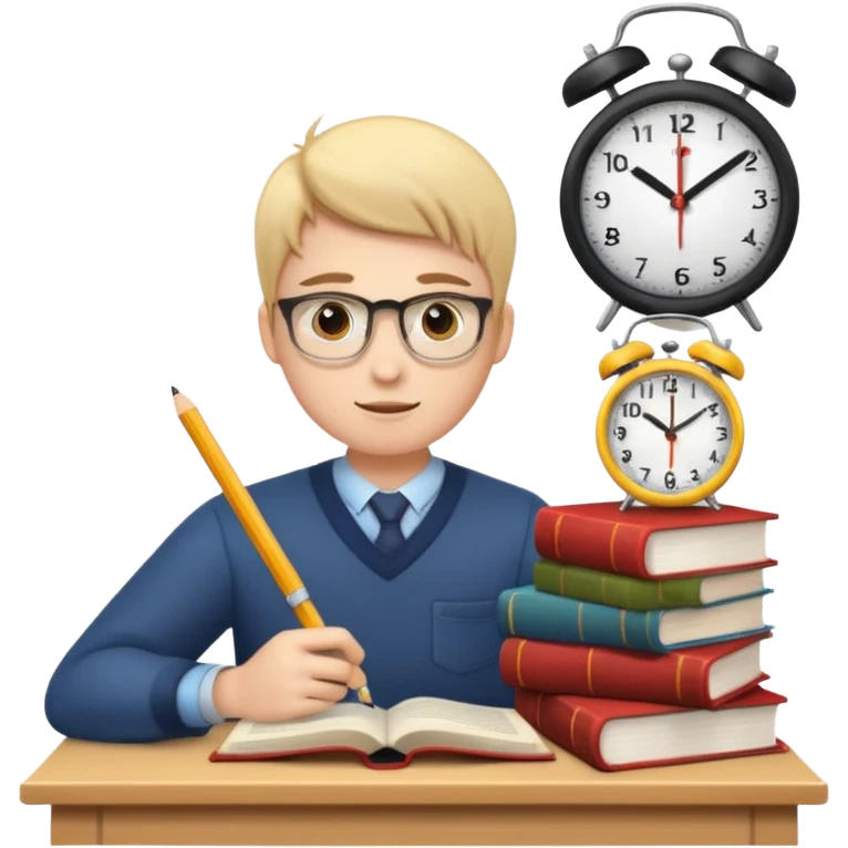 emoji student studying hard with books and clock, motivated, white background emoji