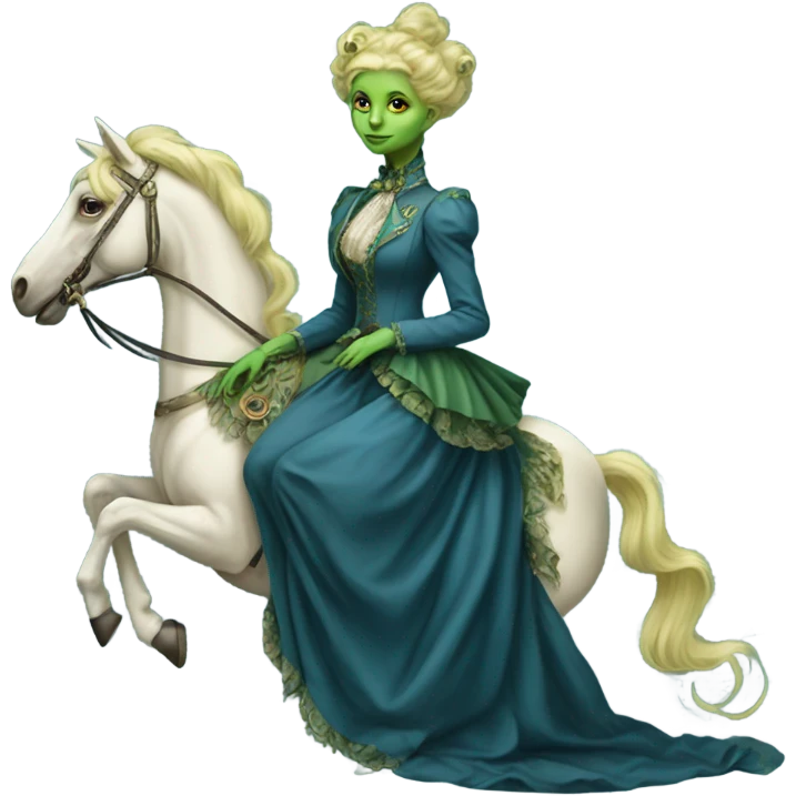 "galora green blonde alien woman" in blue Victorian dress elegant, full body, on pegaso emoji