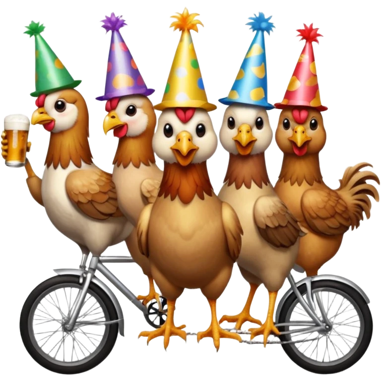Ten chickens on a partybike while drinking beer emoji
