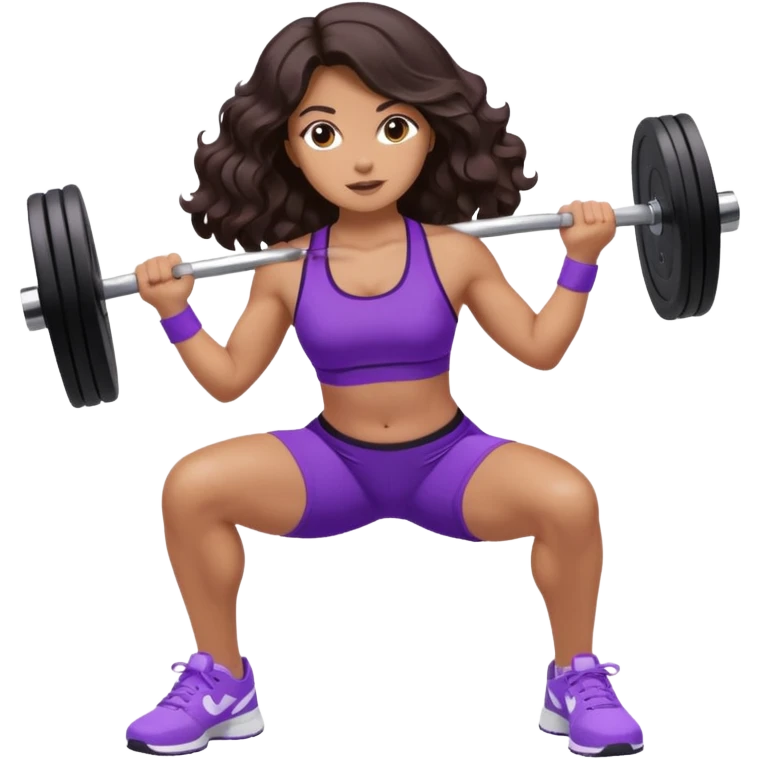 mujer de tez trigueña, con cabello castaño oscuro ondulado no muy marcado, hasta las nalgas super largo estilizado, con ropa deportiva morada/lila, tenis blancos deportivos y levantando una pesa emoji
