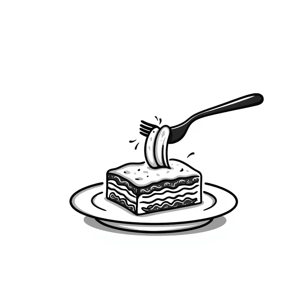 A hand-drawn plate of lasagna with a fork taking a bite, showing the layers emoji