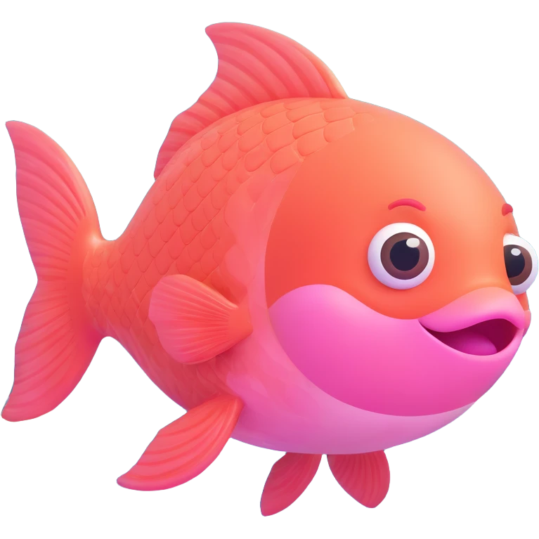 cute pink fish emoji with a big smiling face, huge shiny eyes, rosy cheeks, tiny fins, soft pastel colors, underwater background with bubbles and coral, 3D glossy style, chibi emoji look, super kawaii emoji