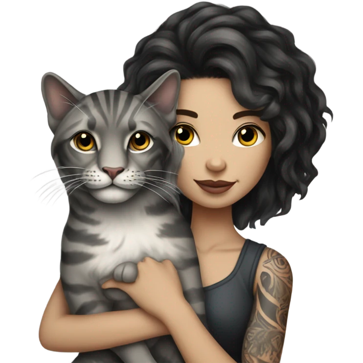 Beautiful dark haired lion tattooed woman holding gray and white stripe long haired cat emoji