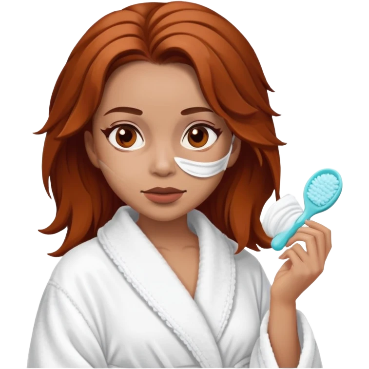 A Barbie face with shoulder-length reddish-brown hair, makeup, a smeared face mask, and a bathrobe. emoji