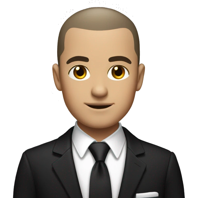 White man with dark hair buzzcut, wearing black suit and tie with white dress shirt  emoji
