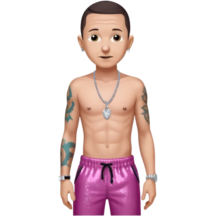 Chester Bennington with dark brown hair, dark pink sequin baggy pants, shirtless with necklace emoji