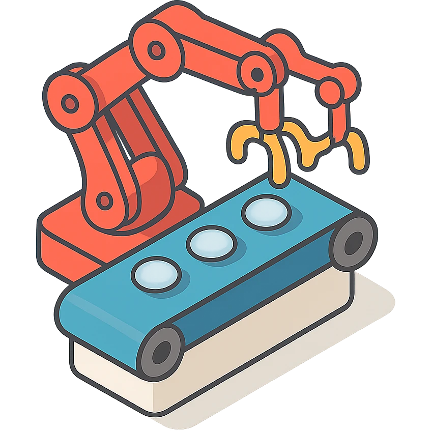 conveyor with multi-armed manipulator, isometric style, no background emoji