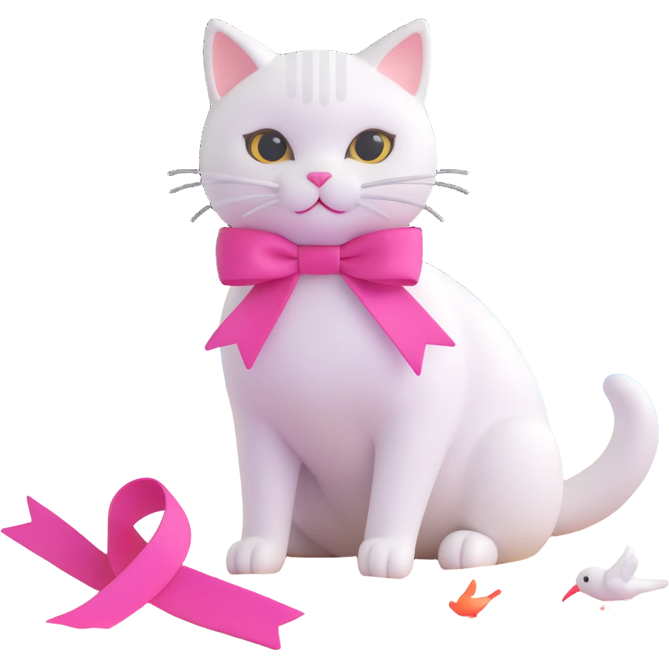 playful 3D iOS style image of a white cat with a pink ribbon, sitting on the beach and watching the sea and birds, in a cute, bright, and rounded design emoji