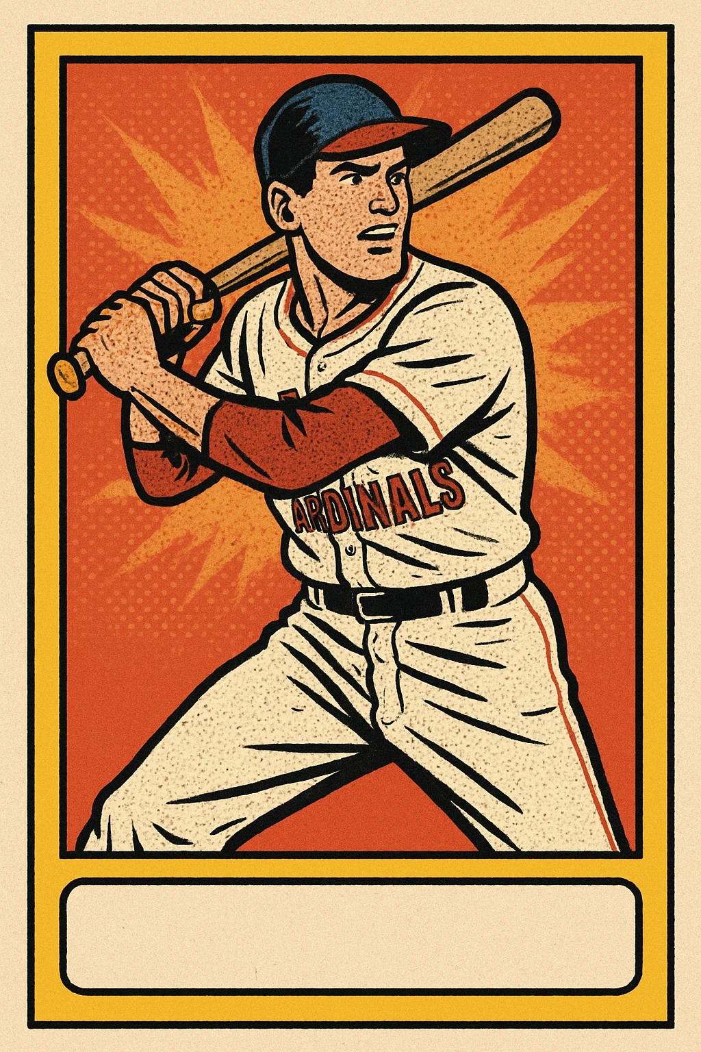 team member card in baseball card style, with dynamic pose, bold border, and space for stats emoji