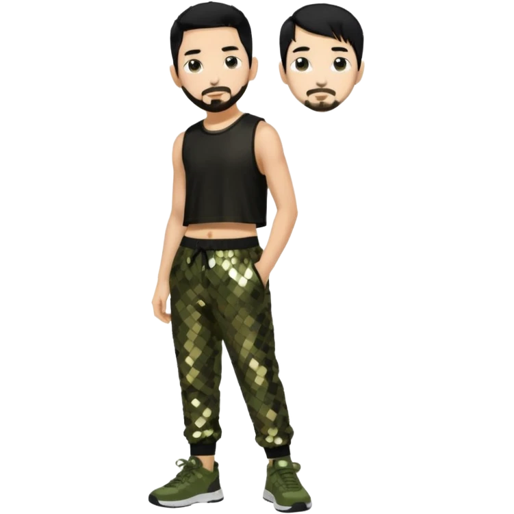 Mike Shinoda with black hair, black sequin crop top, olive sequin baggy pants emoji