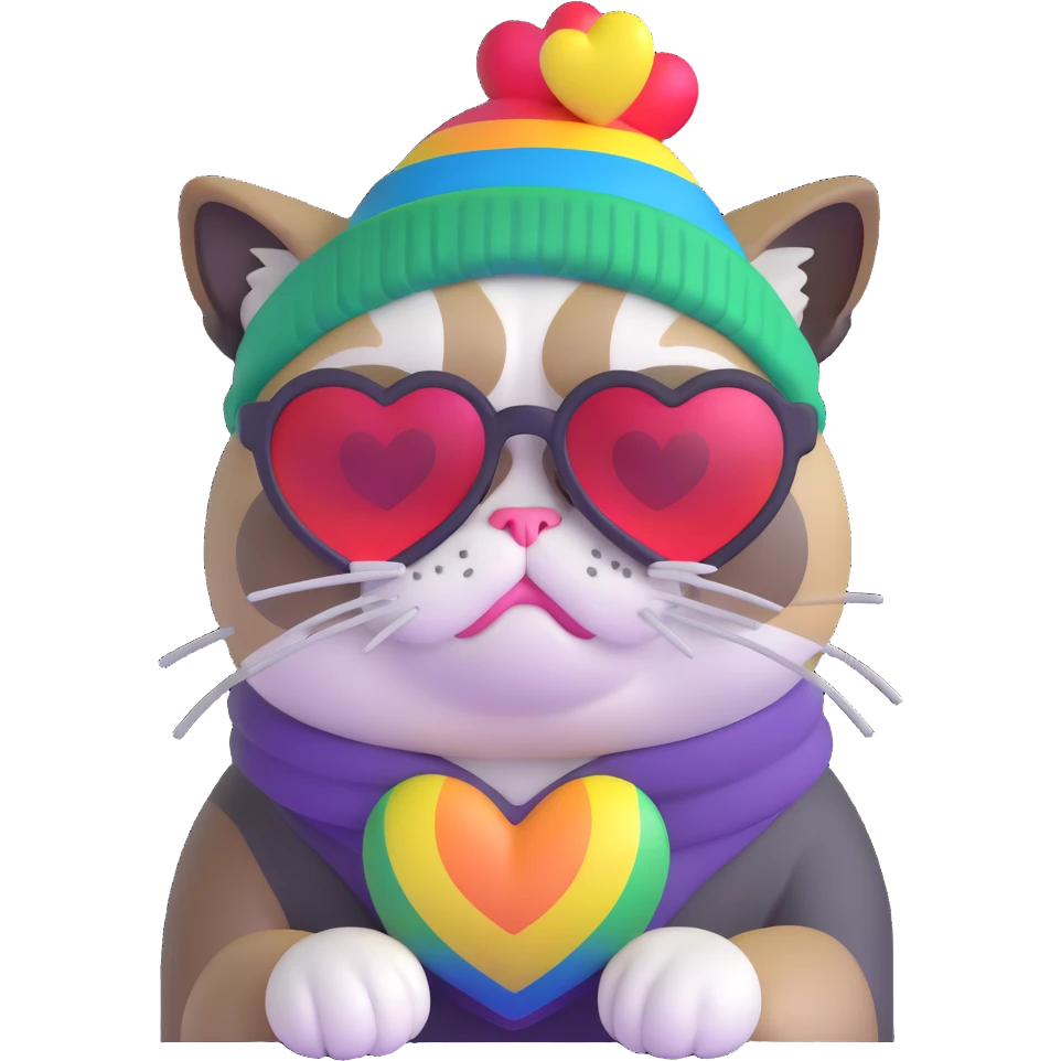 grumpy cat wearing a rainbow beanie and heart-shaped sunglasses emoji