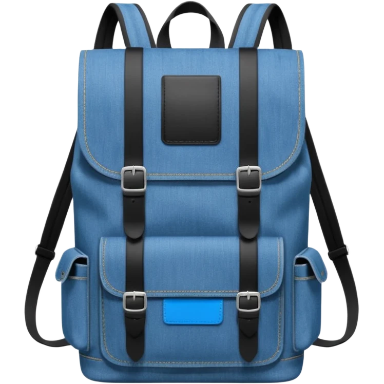 An emoji-style blue denim backpack with a flap top. Two short black buckle straps are attached only at the top flap, not extending to the bottom. The front is clean with no pockets or extended straps. The backpack has two side pockets. Flat, minimalist, cartoon icon.


 emoji