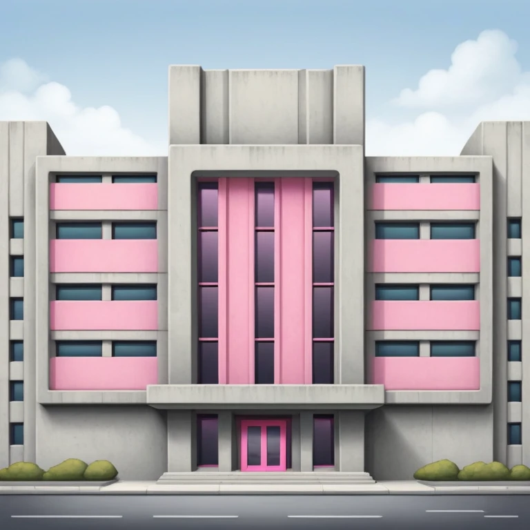 Brutalist concrete government building with one distinctive pink window and many standard windows emoji