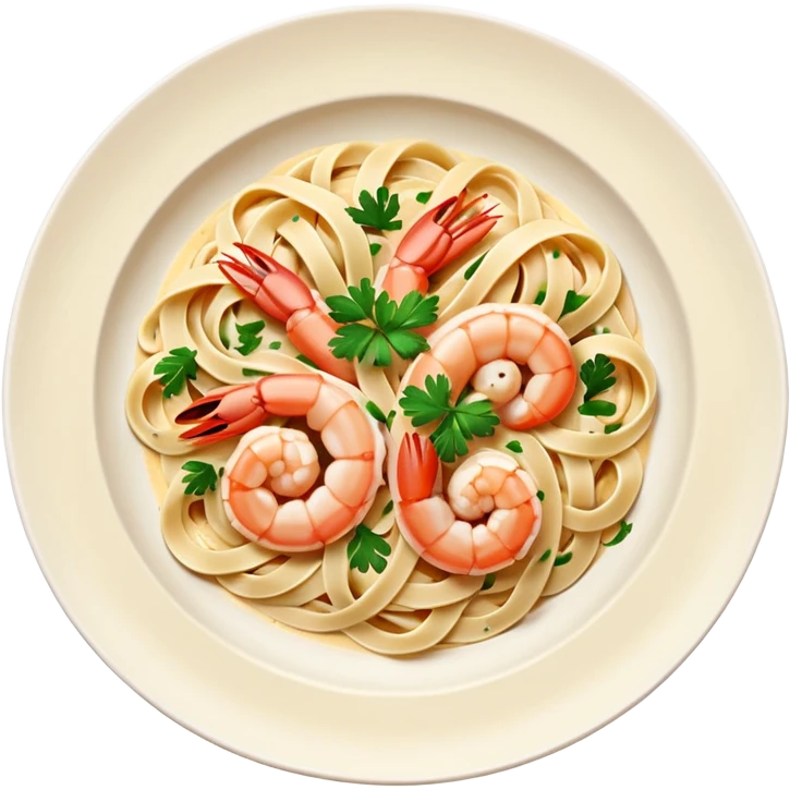 create a Whole Shrimp Linguini stylized thicker  with white plate Camera angle: slightly elevated top-down view with a gentle bird’s-eye perspective (about 15–20°), identical perspective and scaled do not add anything on plate


 emoji