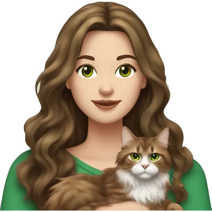 White brunette long wavy hair woman with green eyes holding a brown Maine coon cat  emoji