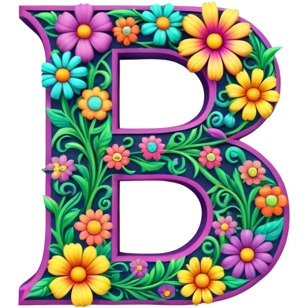 3D, gothic style psychedelic colored capital Letter S with hippie style flower border emoji
