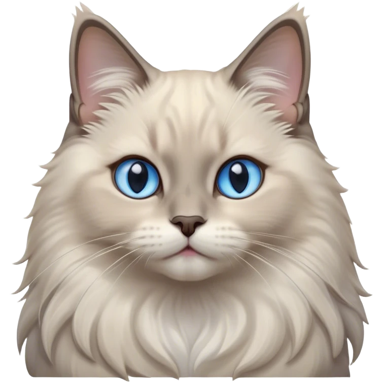 Cinematic Adorable Fluffy Light Grey Mantle Ragdoll Cat Portrait Emoji, Head tilted cutely with big, sparkling blue eyes, soft light grey fur with darker points on the ears, face, and paws, Simplified yet irresistibly adorable features, highly detailed, glowing with a soft, warm glow, high shine, yawning in a peaceful and playful manner, stylized with a touch of whimsy, bright and endearing, soft glowing outline, capturing the essence of a relaxed and loving kitten, so cute it feels like it could leap out of the screen and stretch into a cozy nap! emoji