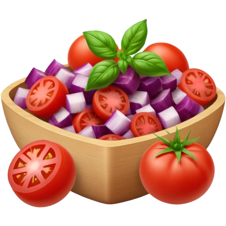 Fai un miscuglio di pomodoro fresco, cipolla, basilico e origano tutti tagliati emoji