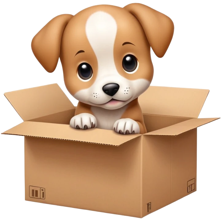  A very cute young puppy  with one's head tilted to one side poked its paws out of the cardboard big box and placed them on top of it emoji