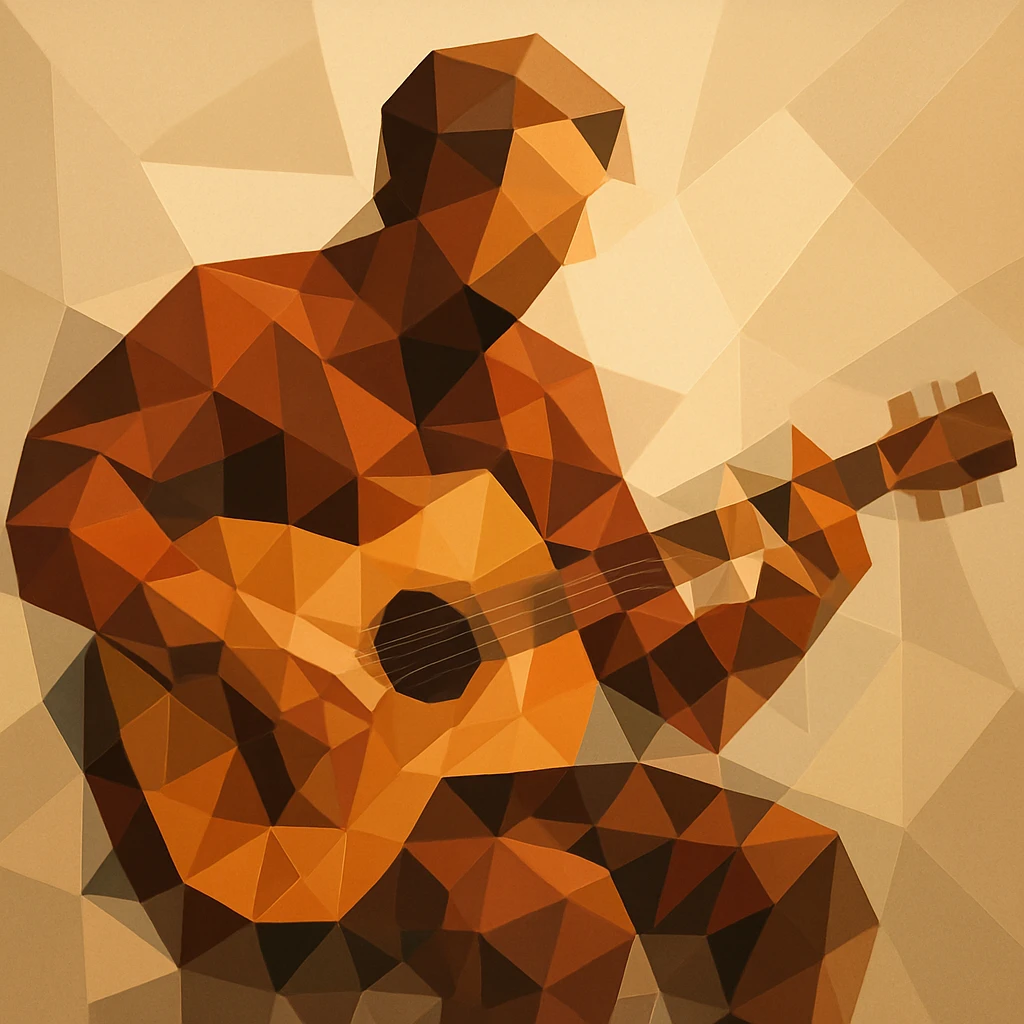 Musician playing a guitar with limbs and strings fractured into overlapping cubes and triangles. emoji