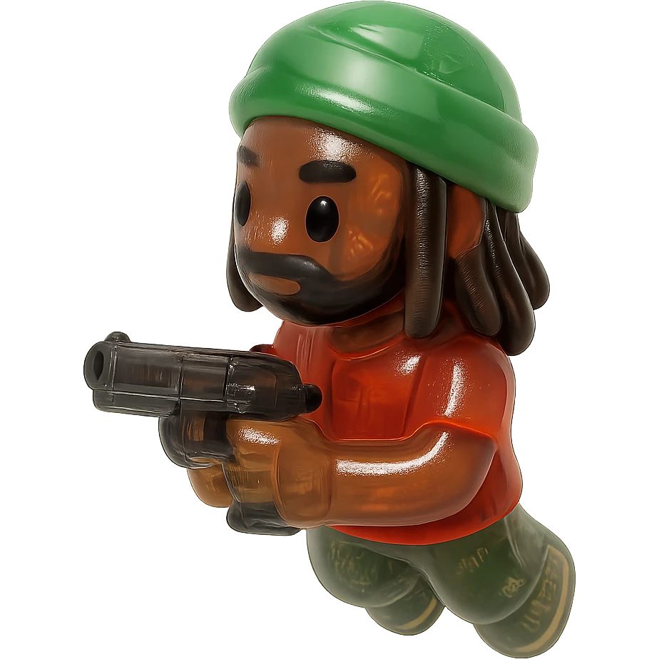 Brownskin man with long brown dreadlocks 
red t-shirt 
green turban 
expression is holding a a gun emoji
