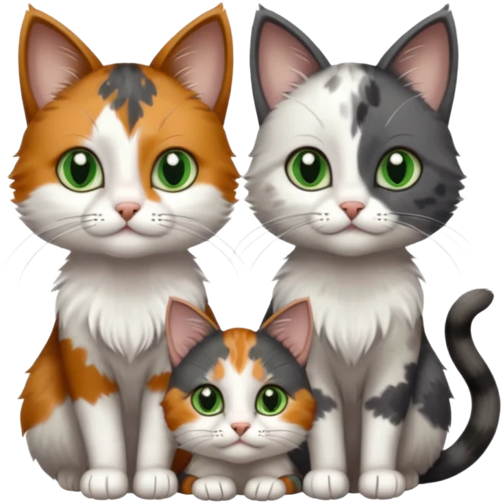 3 different coloured small cats including a dark grey and white, and a patchy calico with hazel eyes and a completely solid dark grey with green eyes and only white paws emoji