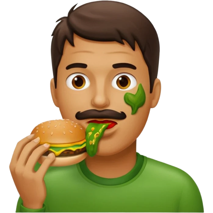 Show a man eating a burger covered in green chili emoji