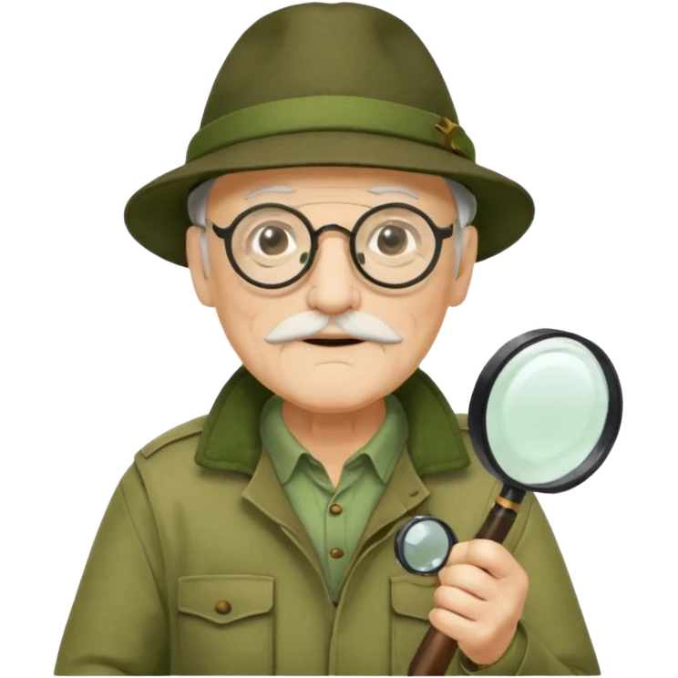 old man in beige moss green explorer outfit, wear black glass, hat, holding magnifying glass emoji