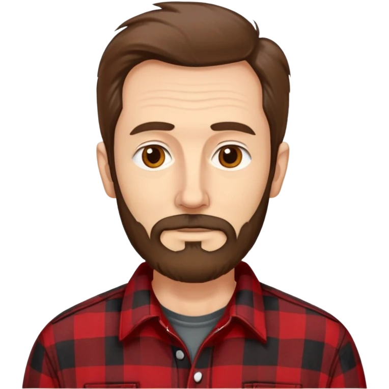 Thin man in his 50s with light complexion. Narrow face with pronounced cheekbones. Unkempt brown hair sticking up in places. Scruffy, uneven brown beard. Wearing a red and black checkered flannel shirt that hangs loosely on his lean body. emoji