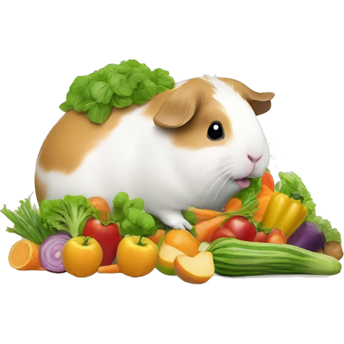 Guineapig eating a huge pile of veggies and fruit emoji