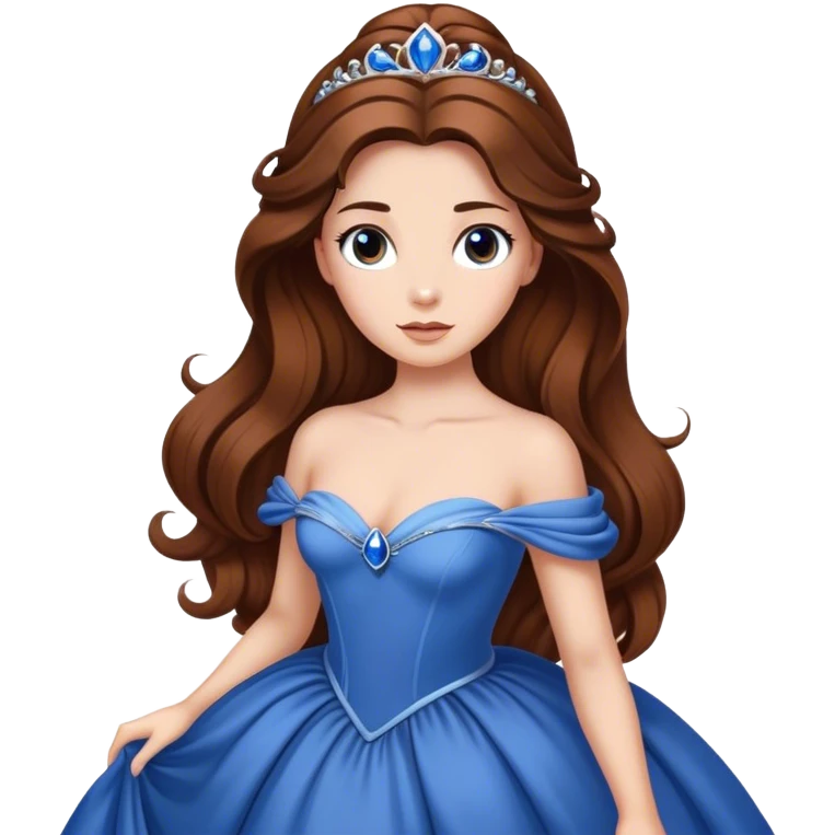 Cinematic Elegant Belle Portrait Emoji, rendered in a realistic, vector-style with minimal shading and bold, simplified shapes. Depict Belle (chest and above) with fair, luminous skin, deep brown expressive eyes, and long, flowing chestnut hair styled elegantly, wearing her classic blue ball gown. The image glows with a soft, warm radiance and high shine, capturing timeless refined beauty. emoji