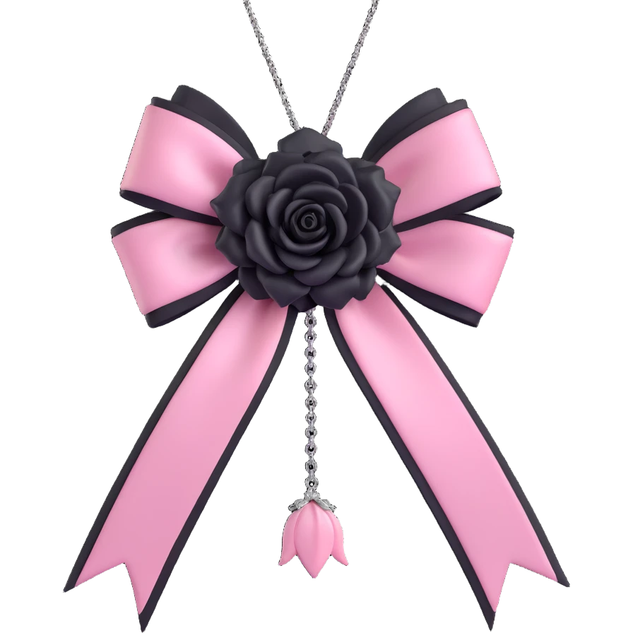 3D emoji style pink bow with gothic effect, pastel pink satin, black rose center, and silver chain fringe emoji