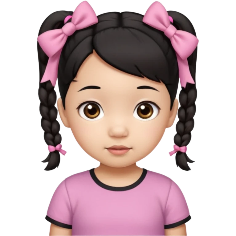 mixed 1 year old girl asian and american with short pigtails and cute bows i dark brown/black hair with big brown eyes emoji in a pink shirt emoji