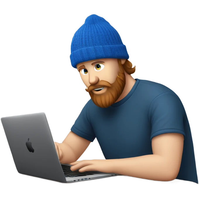 white man with blue beanie and chestnut beard working on his black macbook laptop and looking down with his eyes emoji